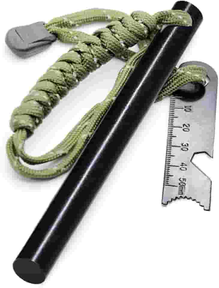 Acionador de fogo de haste de ferro, kit de pedra perfurada e fogo de aço, hastes de ferro de 1/5.1 cm x 12.7 cm com alça de paracord para quintal e atacador, ferramenta de sobrevivência de