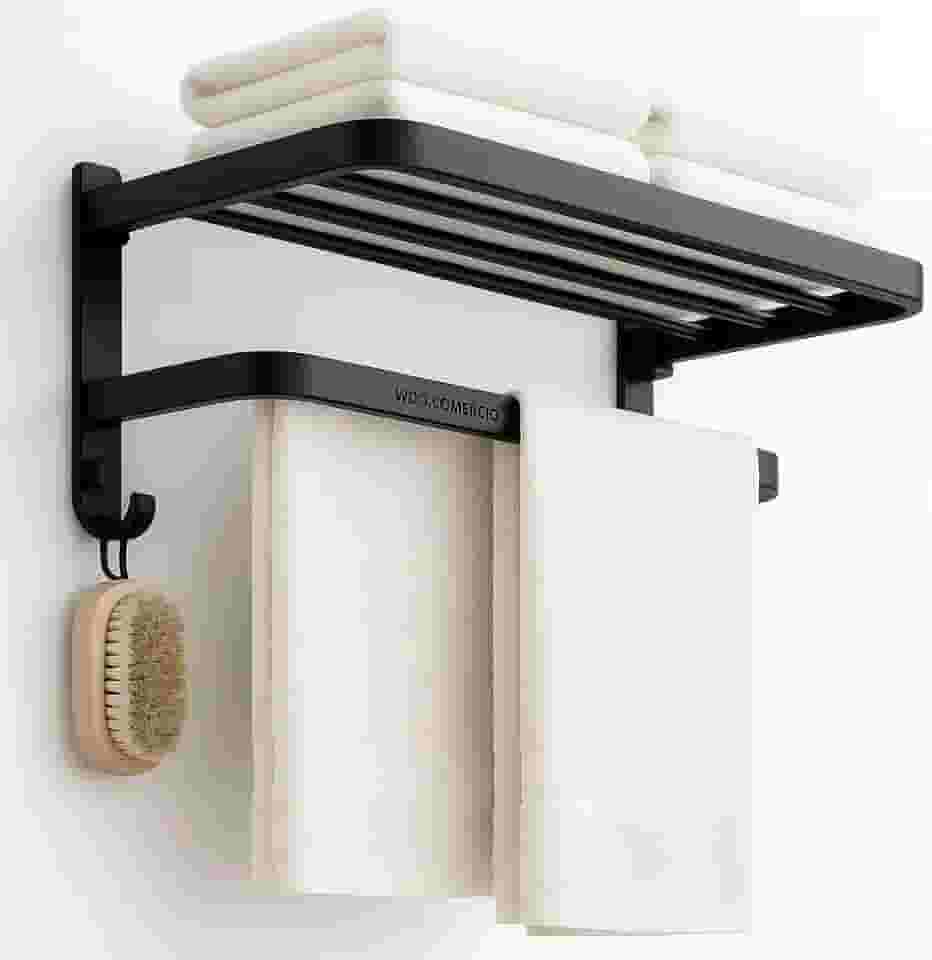 Toalheiro Duplo Dobrável em Aço Inox – 2-em-1 Com Prateleira Retrátil, Instalação (Sem Furos), Alta Resistência à Corrosão – WDG COMÉRCIO