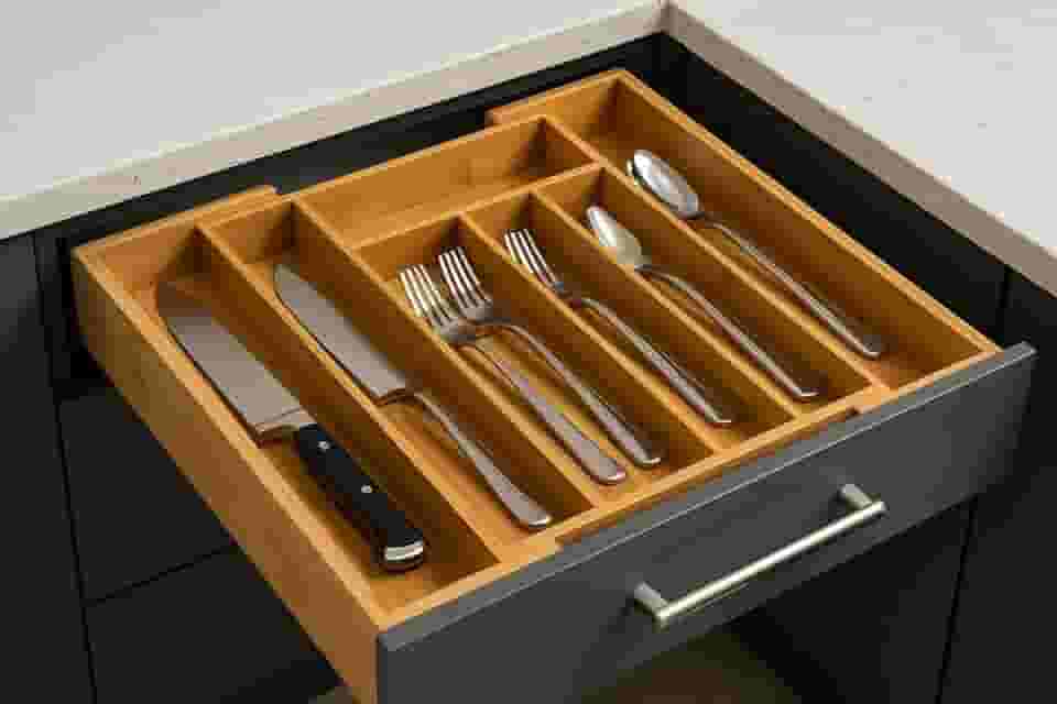 Porta Talheres Gaveta Bambu 7 Divisórias Extensível Ajustável Organizador Talheres Madeira