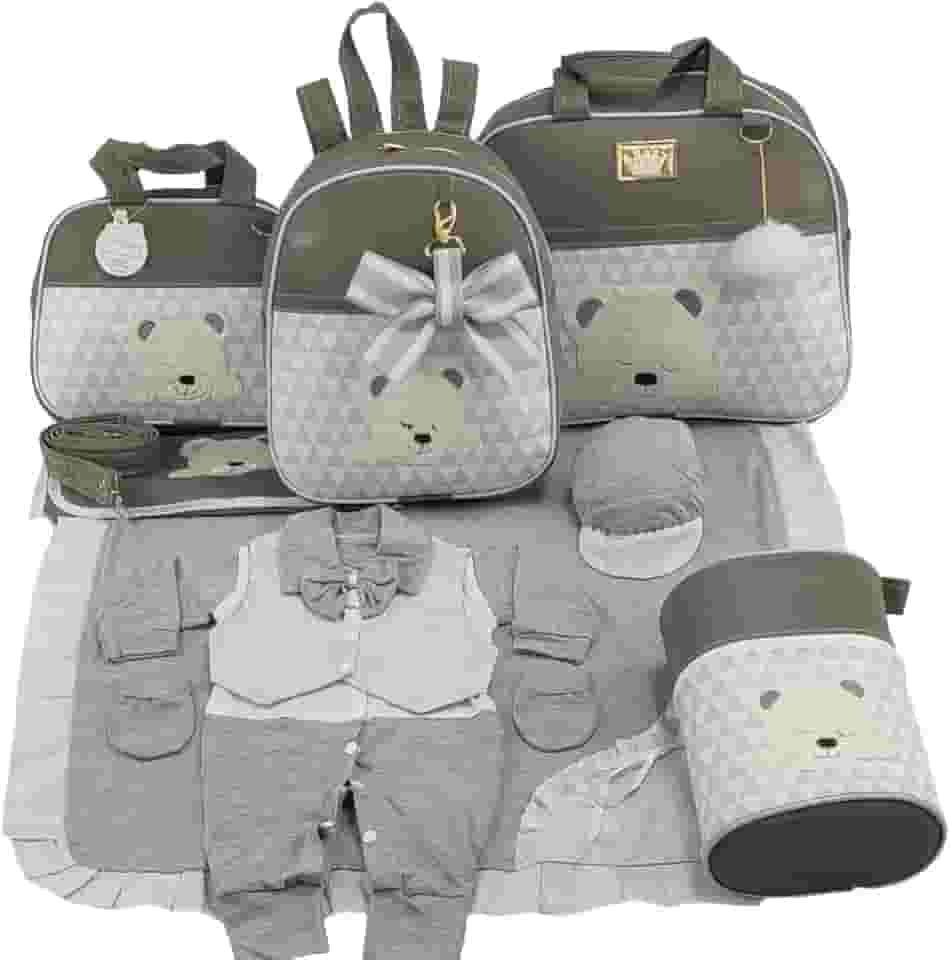 KIT BOLSA MATERNIDADE 5 PEÇAS URSO CHEVRON + SAIDA MATERNIDADE MENINO
