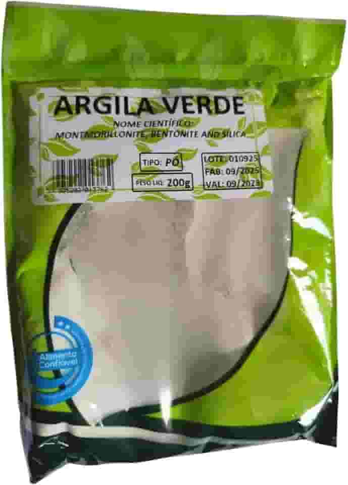 Argila Verde Natural em Pó, Montmorilonita e Sílica, 200g, Validade 09/2028