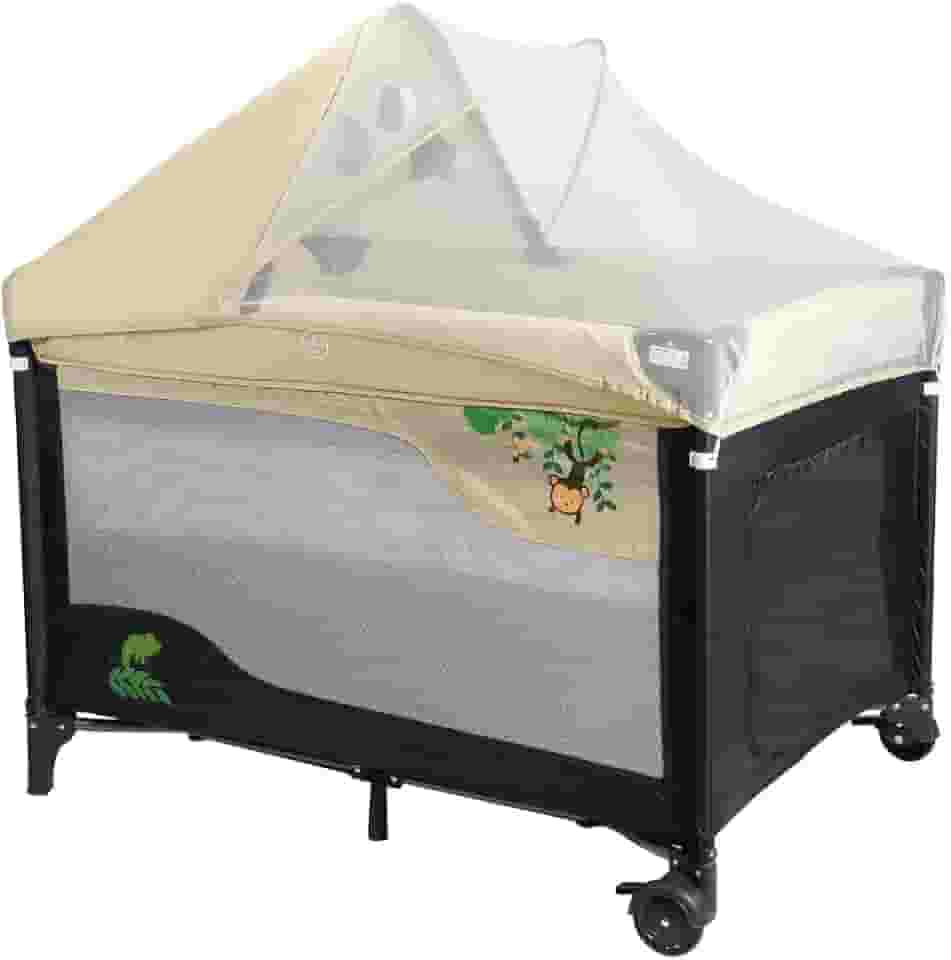 Berço Cercado Premium Chiqueirinho Portátil Com Mosquiteiro e Trocador Preto/Marrom até 18Kg Multmaxx