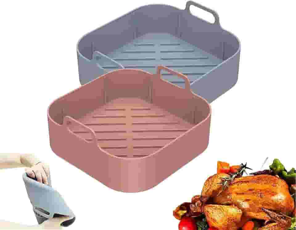 Kit 2 Formas de Silicone Quadrada para Air Fryer, Antiaderente 18x18x5 cm - Forma Cesta Reutilizável de Fritadeira, Forro Assadeira (Cor Sortida)