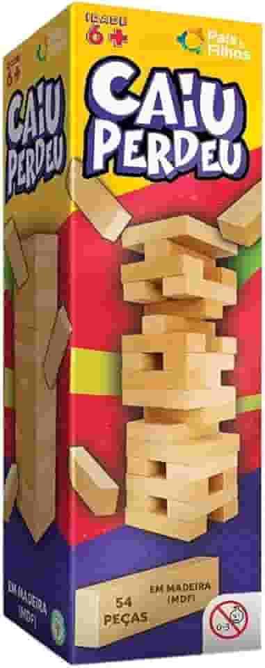 Caiu Perdeu Jogo de Torre de Madeira, 54 Peças em MDF, Brinquedo Educativo para 6+ Anos