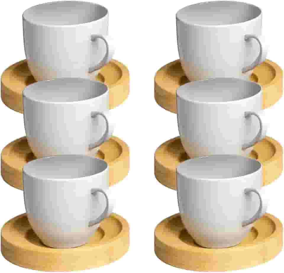 Jogo 6 Xicara Cafe Colorida Porcelana Pires Madeira 95ml - Mundo Da Porcelana (Branca)