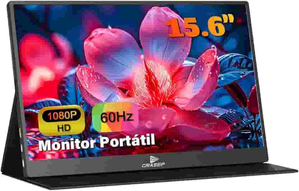 GRASEP Monitor Portátil 15.6” Full HD – Monitor Portátil para Notebook com Tela 1920x1080, 250 cd/m², 76% sRGB, HDMI/Type-C, Som Estéreo – Portátil, Leve e Universal