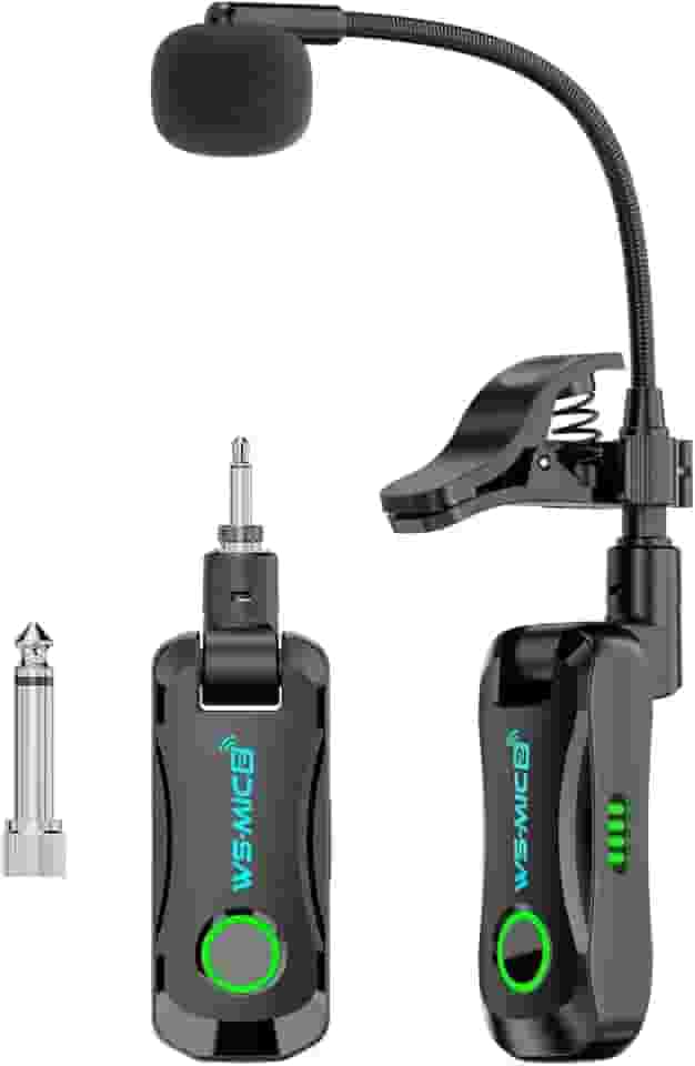 YIJU de microfone para saxofone com receptor e transmissor, alcance de 30 metros, ideal para flauta, trompete, clarinete e exercícios de banda.