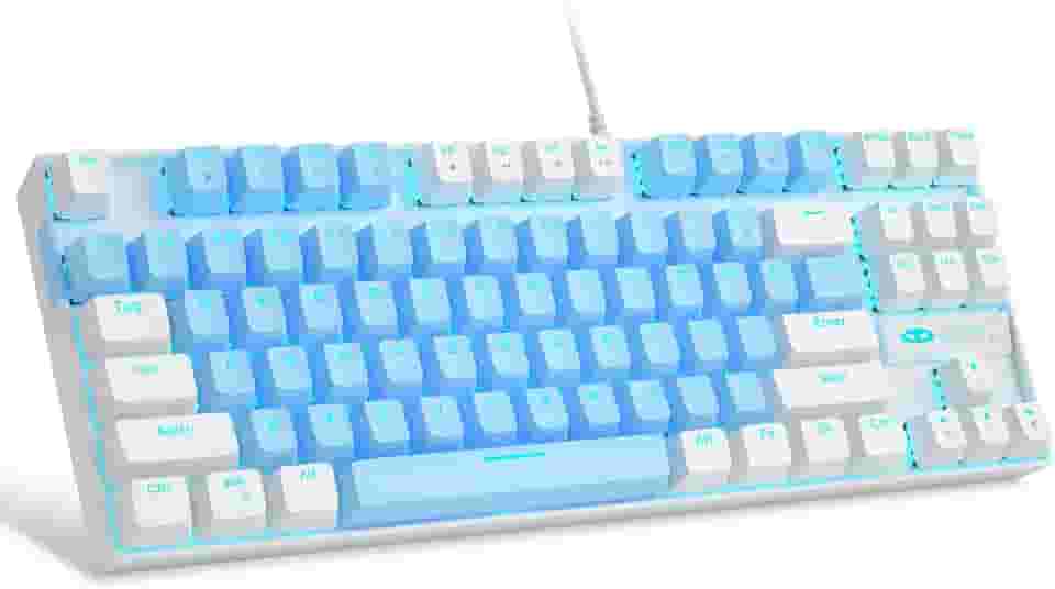 MageGee 75% Teclado mecânico para jogos com interruptor azul, teclado retroiluminado azul LED, teclado compacto TKL de 87 teclas para computador Windows Laptop PC Gamer - Azul/Branco