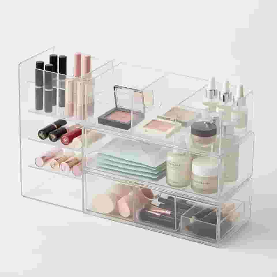 Kathfly Organizador de maquiagem transparente empilhável de acrílico com 6 gavetas, 1 caixa de armazenamento, 2 divisórias móveis em U e 1 suporte vertical em camadas para armário de banheiro e parede