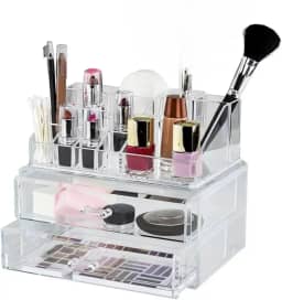 Organizador de Maquiagem Acrílico, 4 Gavetas, 16 Compartimentos, Transparente, 24x13,5x38 cm, Desmontável, Armazenamento de Cosméticos