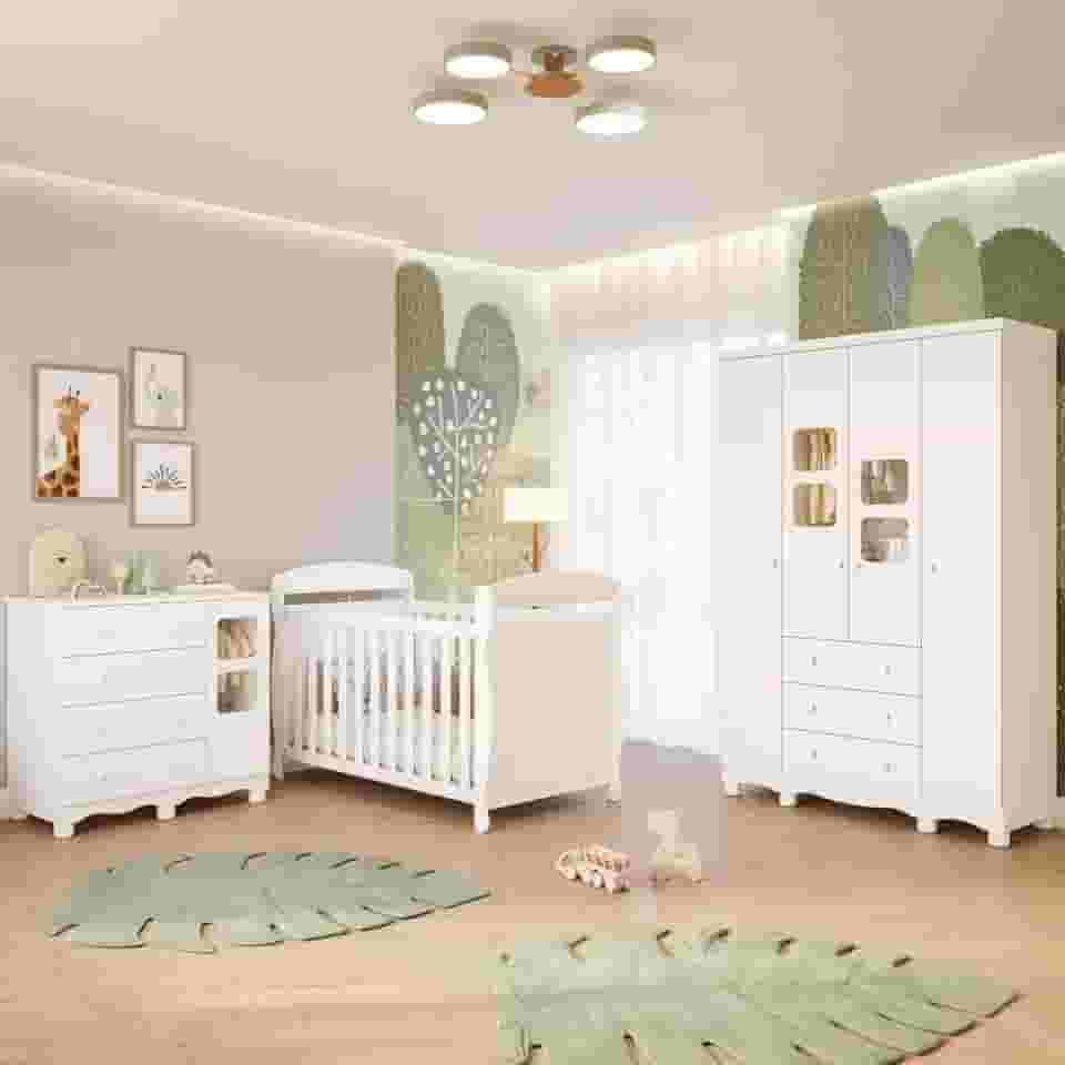 Quarto Bebê Completo Berço Americano Marquesa 3 em 1 Guarda Roupa 4 Portas Cômoda Uli 100% Mdf Móveis Peroba Branco Brilho