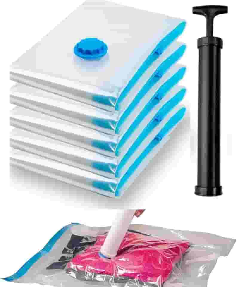Kit 3 Sacos a Vácuo Impermeável Reutilizável 80cm x 100cm Plástico Transparente + Bomba Para Guardar Compactar Roupas Cobertores Edredom Organizador Para Malas Viagem Armário