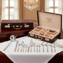 Faqueiro Jogo de Talheres Inox Luxo 84 Peças Dourado Banhado a Ouro Maleta de Couro