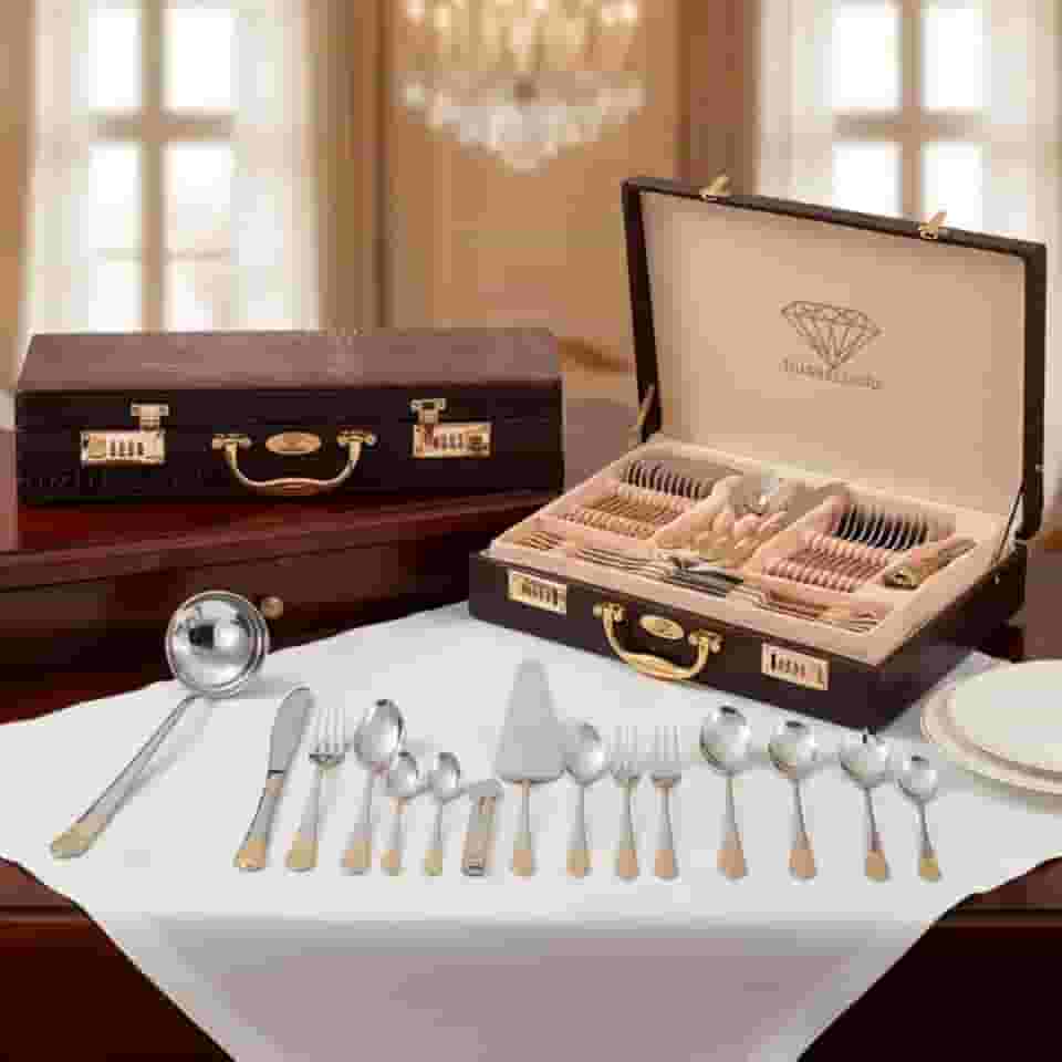 Faqueiro Jogo de Talheres Inox Luxo 84 Peças Dourado Banhado a Ouro Maleta de Couro
