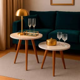 Kit 2 Mesas Cora de Canto Redondas Pé Palito MDF OFF Mesa Lateral para Sala Quarto Escritório