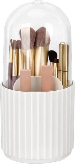 Porta Pincel Maquiagem, Maleta de Maquiagem, Giratorio 360° Com Tampa, Organizador de Cosméticos Transparente à Prova de Poeira, Adequado para Penteadeiras, Banheiros e Quartos (Branco)
