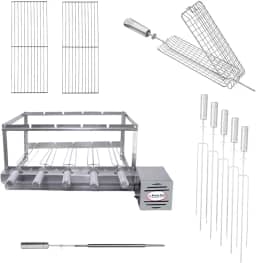 Kit Churrasqueira Gira Grill Inox 5 Espetos com 2 Grelhas Auxiliares, 1 Espeto grelha giratória e 1 Espeto Espada (Motor Direita)