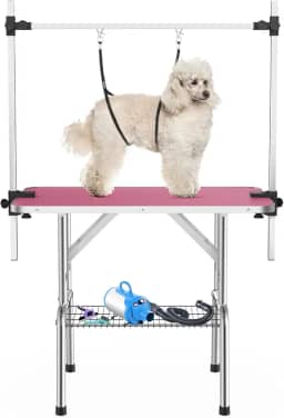 APRILSOUL Mesa de cuidados para animais de estimação de 91 cm para cães pequenos, altura ajustável, dobrável, superfície antiderrapante, com braços, laços, bandeja de malha