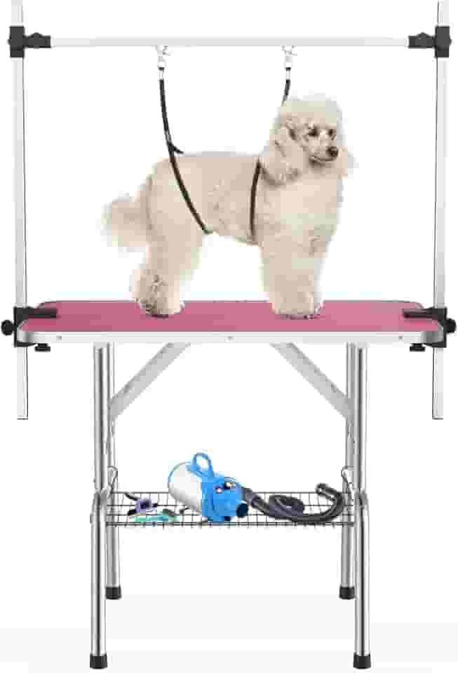 APRILSOUL Mesa de cuidados para animais de estimação de 91 cm para cães pequenos, altura ajustável, dobrável, superfície antiderrapante, com braços, laços, bandeja de malha