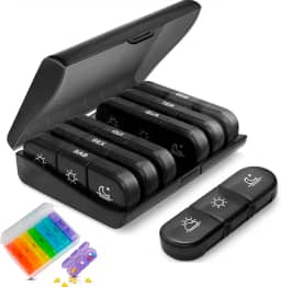 Porta Comprimidos Organizador de Medicamentos Semanal, 7 Dias, 3 Compartimentos Diários, Estojo Portátil de Acrílico - EM PORTUGUÊS (cores sortidas: todo preto ou colorido)