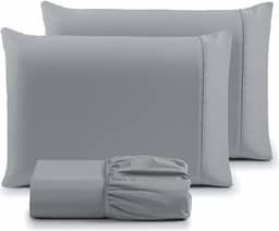 Jogo de Lençol Casal 3 Peças Micropercal 400 Fios com Ponto Palito | Toque Acetinado de Hotel, Não Amassa, Anti Bolinha - Cor Cinza