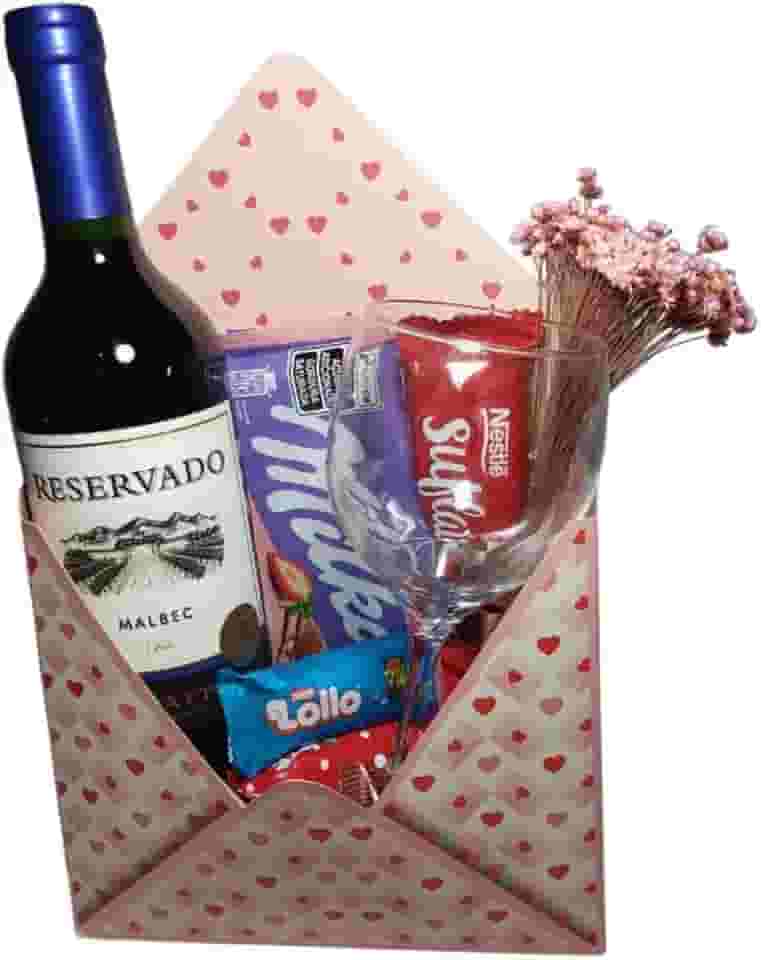 Cesta Criativa Natal Aniversário Vinho, Chocolates e Taça