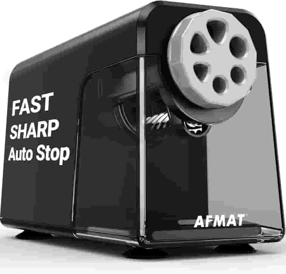 AFMAT Apontador de lápis elétrico resistente para sala de aula, 6 furos, apontador elétrico para casa, apontador de lápis para lápis de 6 a 11 mm, parada automática, super rápido, nunca coma lápis,