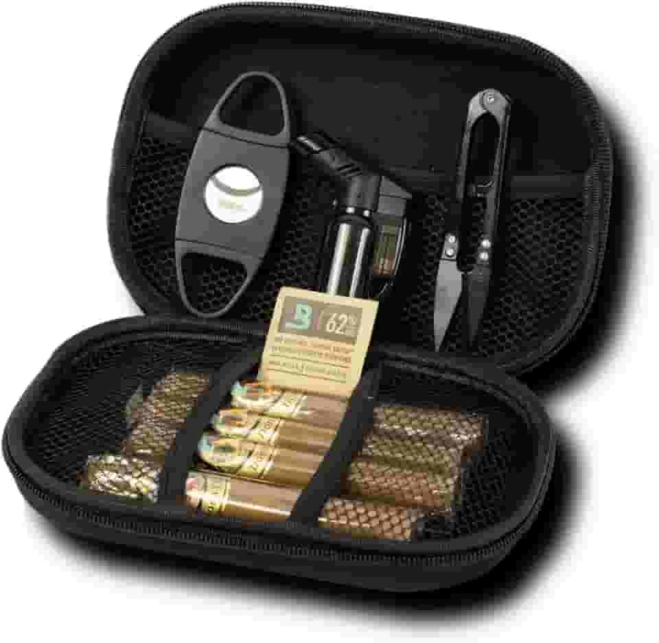 Kit Premium para Charuteiros com Case Cortador Guilhotina Maçarico Dupla Chama Umidificador Boveda e Tesoura