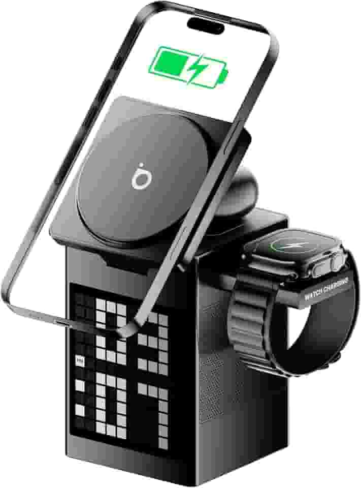 Basike Carregador Sem Fio Magnético 3 em 1, Rápido 15W, Compatível com MagSafe, com Alto-falante Bluetooth/Despertador para iPhone 16/15/14/13, Apple Watch 1-8/Ultra, AirPods (Sem Adaptador CA)