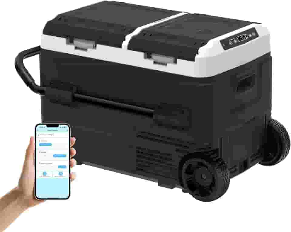 SHAREWIN Geladeira portátil de 12 volts, geladeira portátil de duas zonas, controle duplo de temperatura -20 °C a 20 °C 12/24 V CC, 220-240 V CA com alça e rodas para acampamento, trailer, viagem