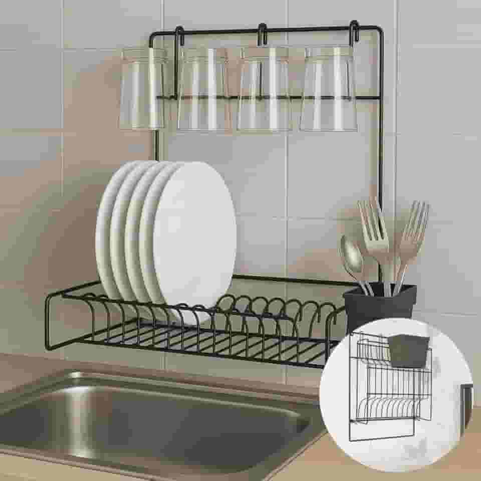 Escorredor de Louça Parede Dobrável Suspenso Premium Preto Pliar, 11 Pratos + 4 Copos, Porta-talheres, Suporta 6 kg – Otimize o Espaço da Sua Cozinha