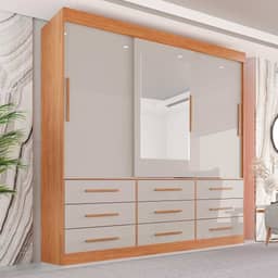 Guarda Roupa Casal 3 Portas 9 Gavetas com Espelho Luana Sallêto Móveis Cinamomo/off White