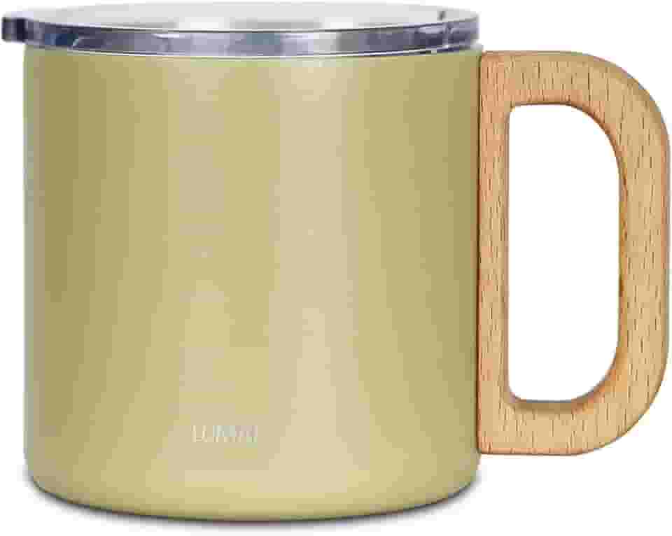 LUMAI Caneca Térmica Vietnã 350ml Aço Inoxidável, Parede Dupla Isolada a Vácuo, Mantém Bebidas Quentes ou Frias por Horas, Tampa Vedada Antivazamento, Alça de Madeira – Amarelo