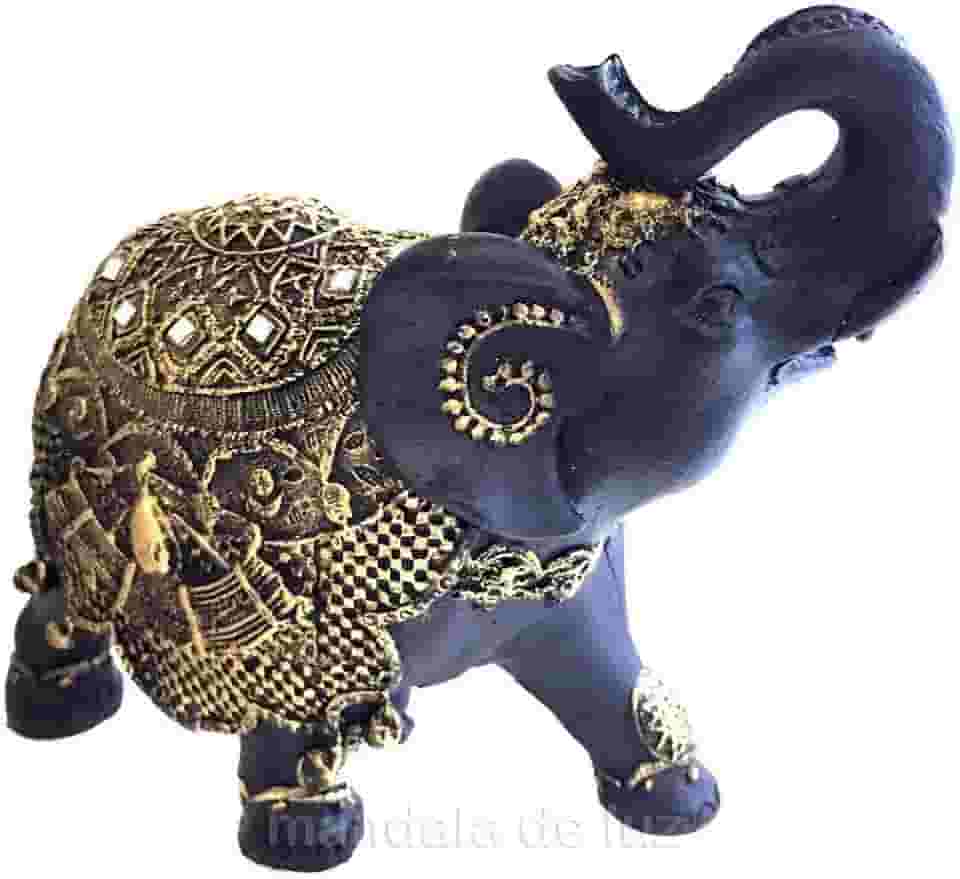 Estátua de Elefante Indiano Preto e Dourado Resina 18cm