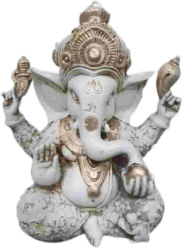 Estátua de Ganesha Branca, 31 cm de Altura, Deus Hindu da Fortuna e Prosperidade