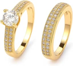 Anel Solitário com aparador 2 Peças duplo banhadas a Ouro 18K com Pedras em Zircônia Cravejado + caixinha vermelha