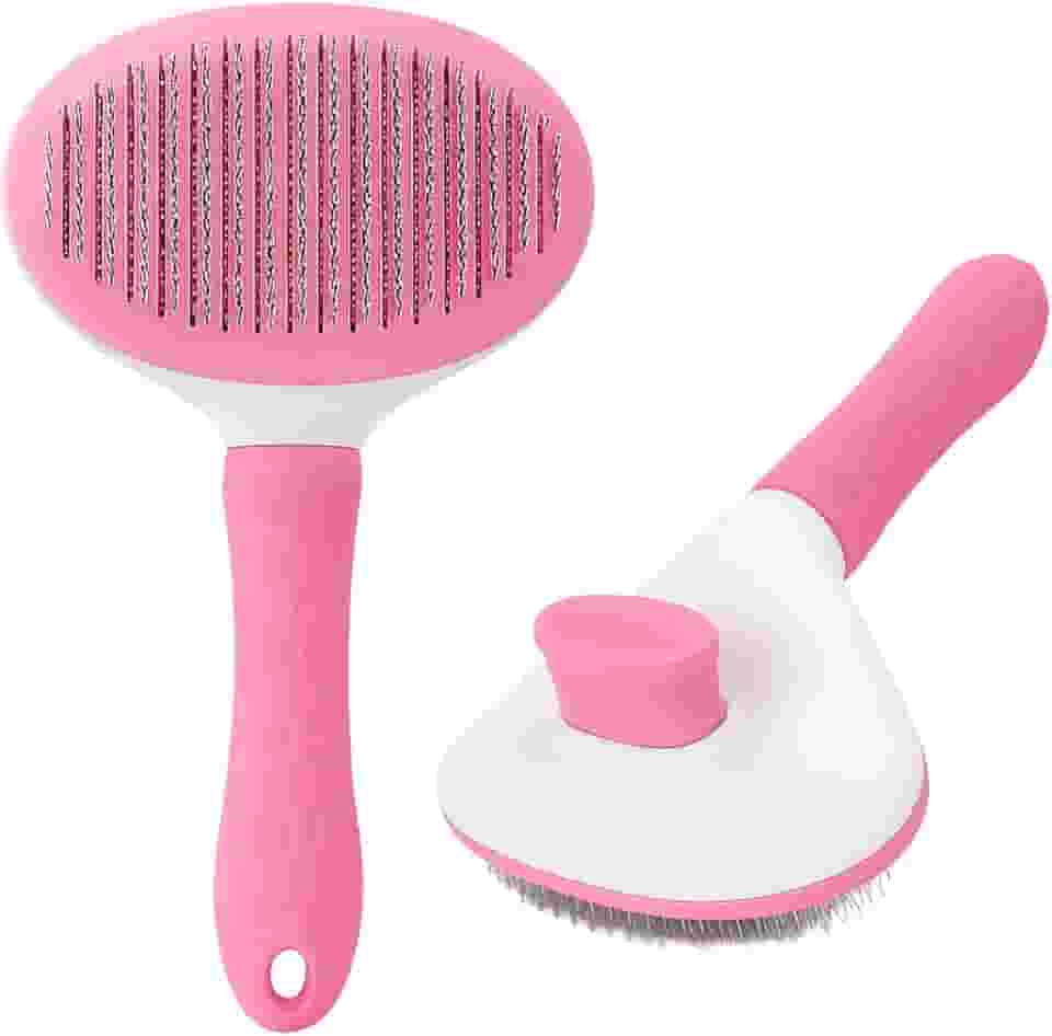 Escova Rasqueadora Pet Autolimpante Cães Gatos Remove Pelos Soltos Nós Com Suavidade Cerdas de Aço Flexíveis Pontas Arredondadas Cabo Ergonômico Limpeza Fácil Para Pelagem Média a Longa (Rosa)