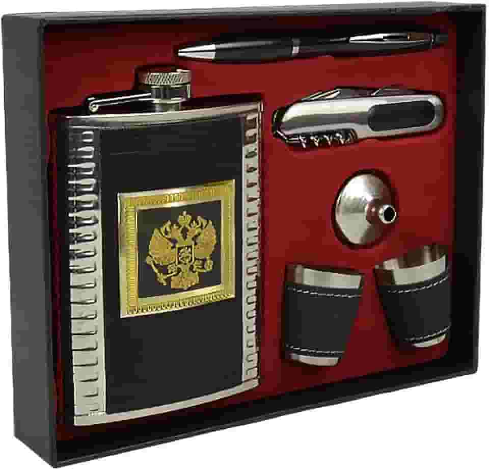 Cantil De Bolso Porta Bebida Whisky Brasão Caneta Funil Canivete 2 Copos CBRN20317 - Commerce Brasil