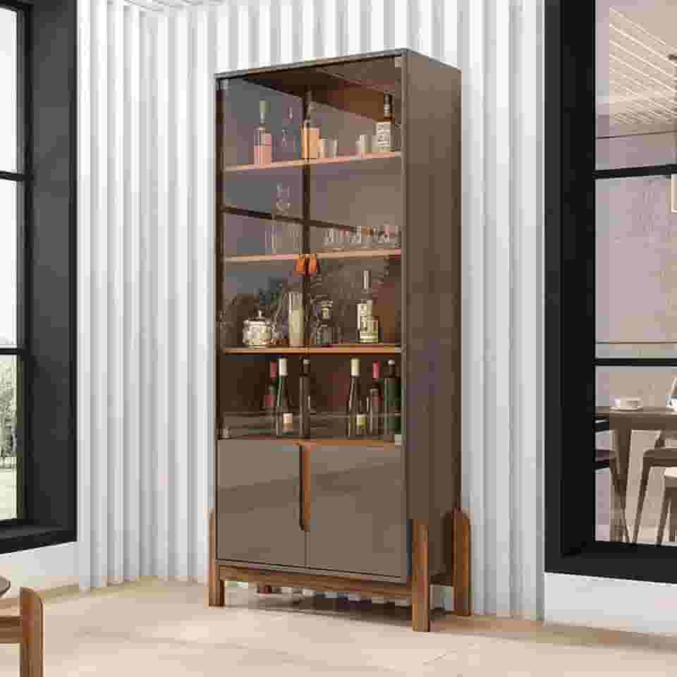 Cristaleira Lizz Sala de Estar com Pés de Madeira Maciça (Cinza Perola/Cedro)