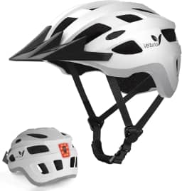 Veltuno Capacete de bicicleta para adultos, capacete leve de bicicleta de montanha com luz traseira de LED recarregável por USB, viseira de sol removível para mulheres, homens, adequado para ciclismo