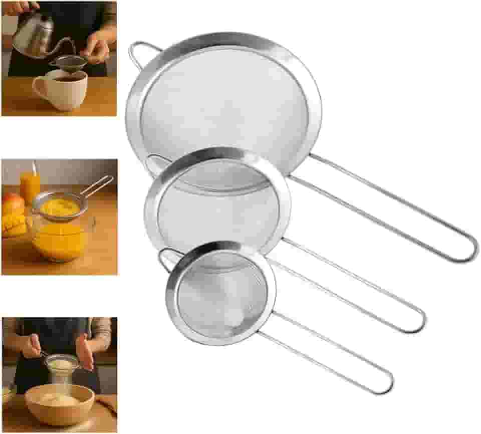 Kit 3 Peneiras em Aço Inox, Tamanhos 8, 12 e 16 cm, Acabamento Premium, Suporte para Panelas, Compatível com Lava-Louças