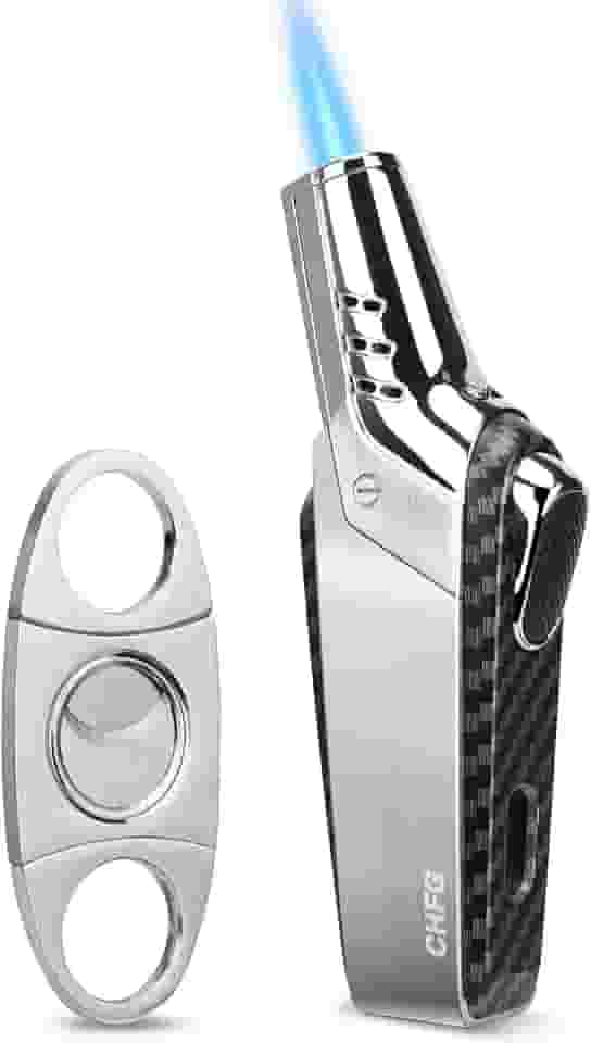 CHFG Isqueiros de maçarico recarregáveis, butano, à prova de vento, ajustável, acendedor de chama, janela visível com conjunto de cortador de charutos, fibra de carbono, ótimo presente para homens