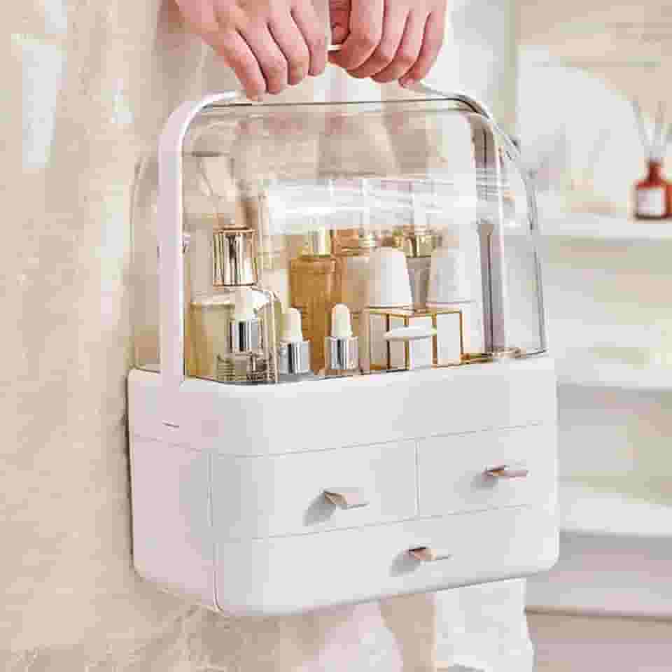 Organizador de Maquiagem com Gavetas e Tampa – Caixa de Acrílico Portátil à Prova de Poeira e Água para Cosméticos, Cômoda e Banheiro (Branca)