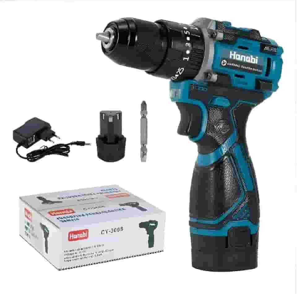 Hanabi Furadeira Parafusadeira 16.8V 2AH com Bateria de Íon de Lítio Motor Brushless 1450 rpm, Mandril 10mm Sem Chave, Inclui 1 Bateria, Carregador e 1 Bits