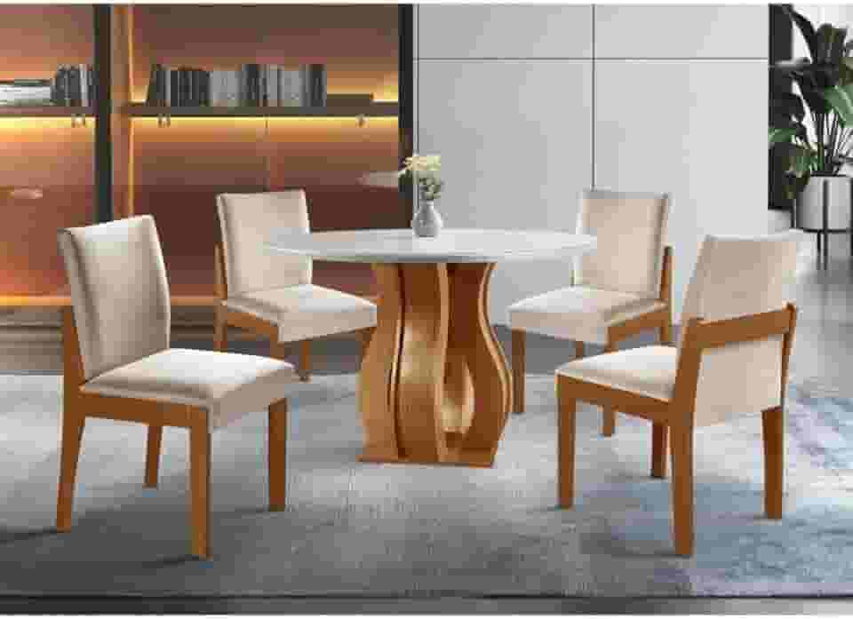 Conjunto Sala de Jantar Mesa Nuance 110cm Redonda Tampo Vidro/MDF com 4 Cadeiras Monaco Castanho Cinamomo/Bege