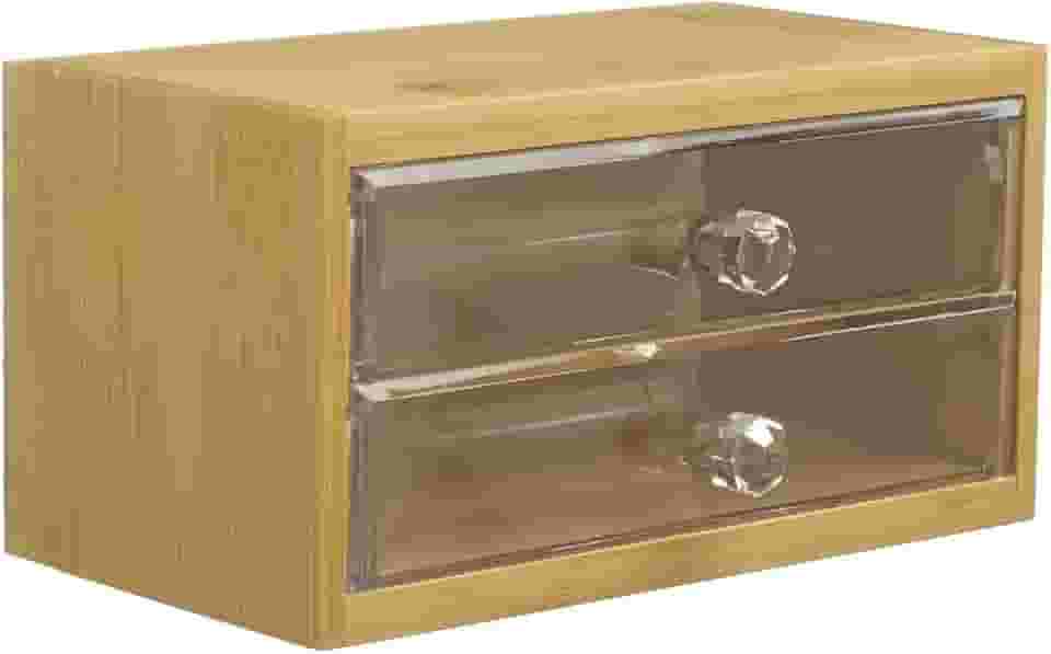 Caixa Organizadora Com 2 Gavetas Maquiagem Bambu Acrílico