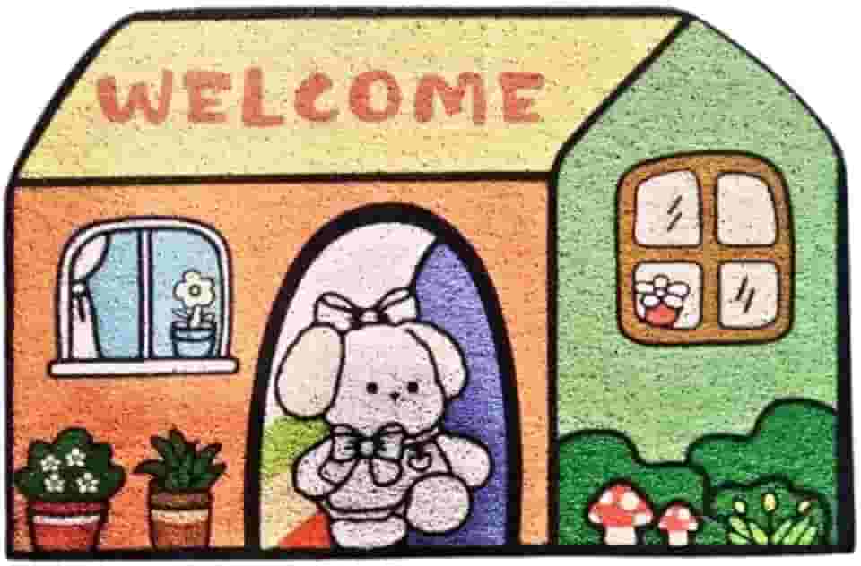 Tapete Porta de Entrada Capacho Antiderrapante Decorativo Desenho de Casinha com Coelho, Multicolorido (Casinha 3)