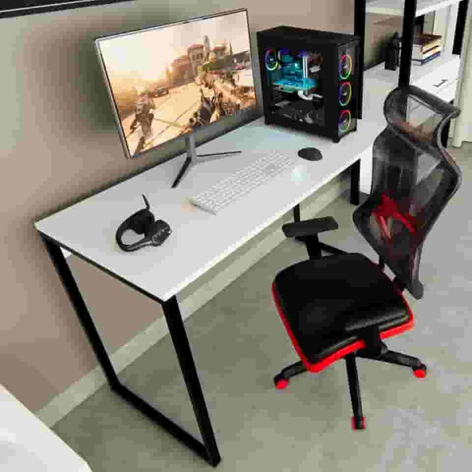 Mesa Escrivaninha Gamer Estilo Industrial 100x60cm MDF Premium Branco e Aço Carbono