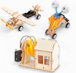 Kit Educativo 3 Brinquedos de Montar de Madeira DIY STEAM Casa Robô e Avião