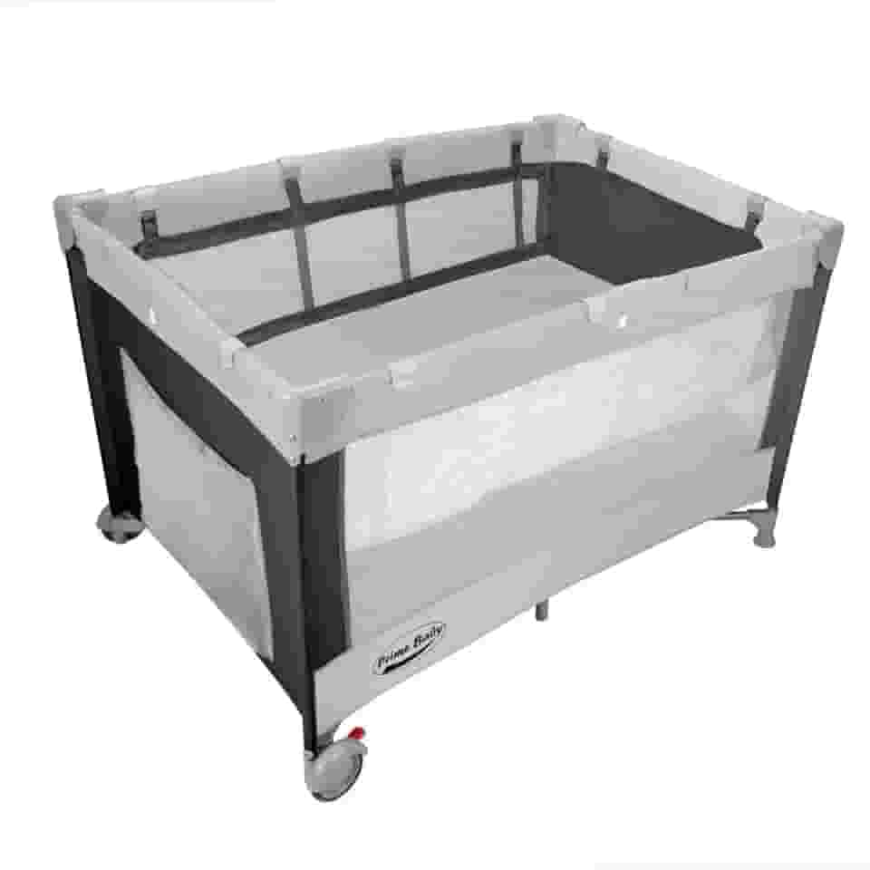 Berço Portátil Desmontável Prime Baby Amici com Ajuste de 2 Alturas, Colchonete Dobrável, Bolsa de Transporte e Rodas com Trava de Segurança Até 17kg (Cinza)